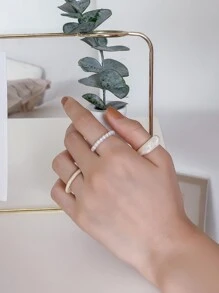 DAZY 3入組珍珠串珠戒指 - 白色 - 查看 1