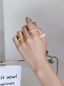 DAZY 3入組珍珠串珠戒指 - 白色 - 查看 2