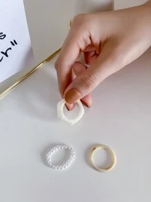 DAZY 3入組珍珠串珠戒指 - 白色 - 查看 3