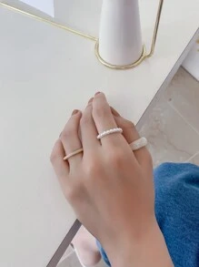 DAZY 3入組珍珠串珠戒指 - 白色 - 查看 4