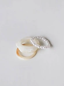 DAZY 3入組珍珠串珠戒指 - 白色 - 查看 6