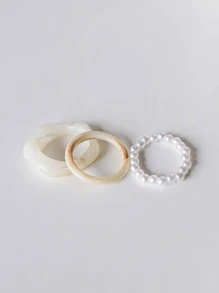 DAZY 3入組珍珠串珠戒指 - 白色 - 查看 7