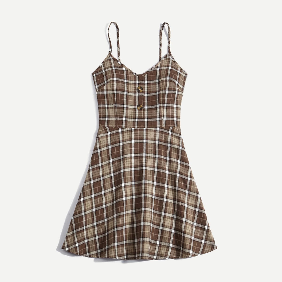 

Plaid Button Front Cami Dress, Coffee brown