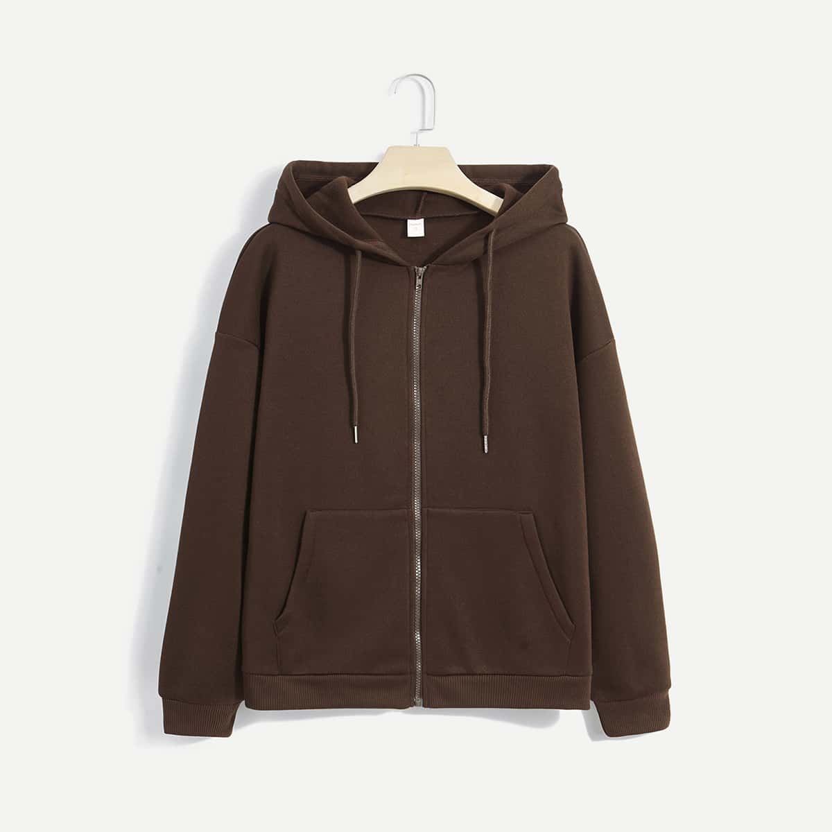 

Zipper Kangaroo Pocket Drawstring Hoodie, Chocolate brown