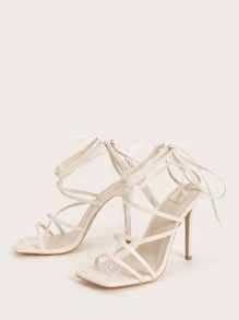 女士極簡細帶細跟條帶優雅夏天高跟涼鞋 - 杏色 - 查看 6