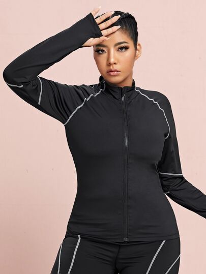 Plus Contrast Topstitching Thumb Holes Sports Jacket