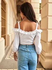 SHEIN Unity Cold Shoulder Frill Crop Blouse - White - View 2