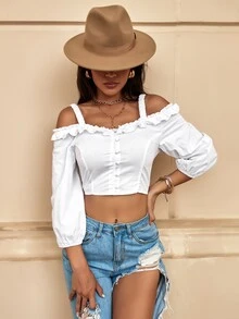 SHEIN Unity Cold Shoulder Frill Crop Blouse - White - View 4