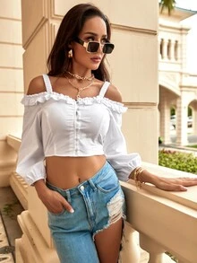 SHEIN Unity Cold Shoulder Frill Crop Blouse - White - View 5