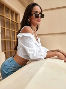 SHEIN Unity Cold Shoulder Frill Crop Blouse - White - View 7