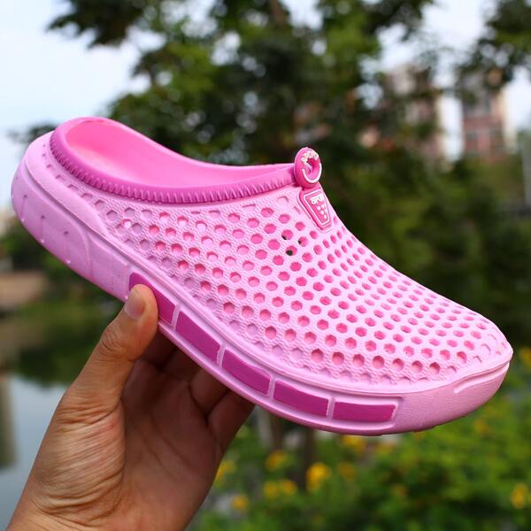 

Two Tone Hollow Out Vented Clogs, Pink