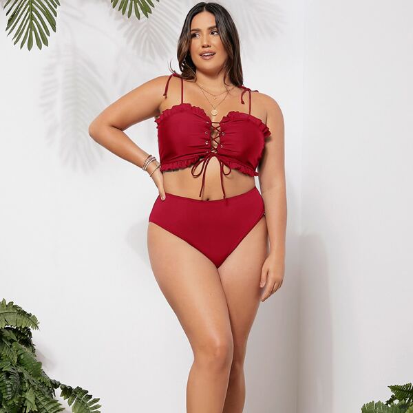 

Plus Lace-up Front Frill Trim Bikini Top, Red