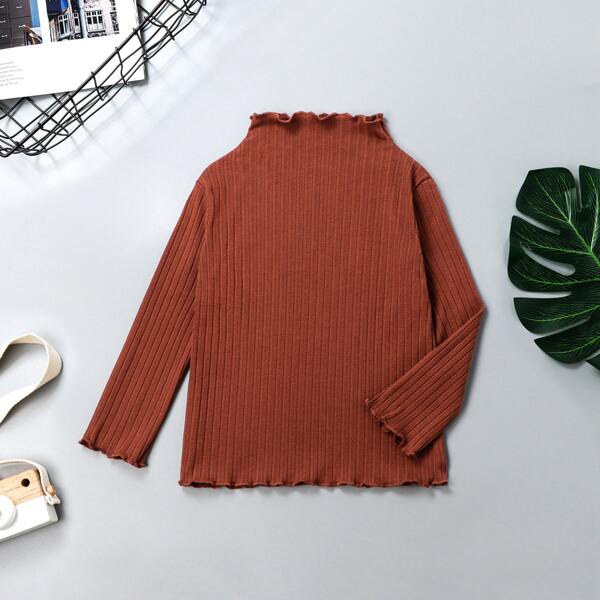 

Toddler Girls Mock Neck Ribbed Knit Lettuce Trim Tee, Rust brown