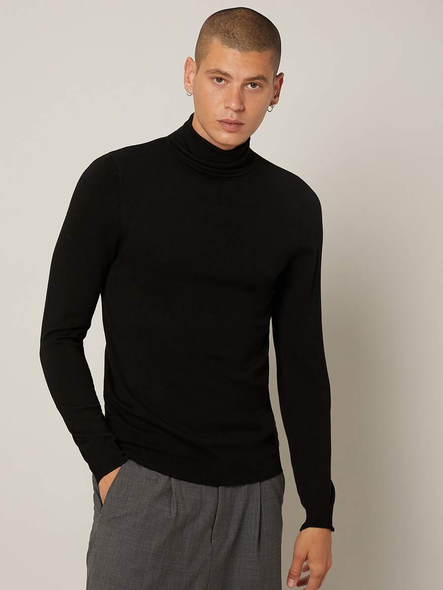 Manfinity RebelGame Men Solid Mock Neck Jumper - Black - View 1