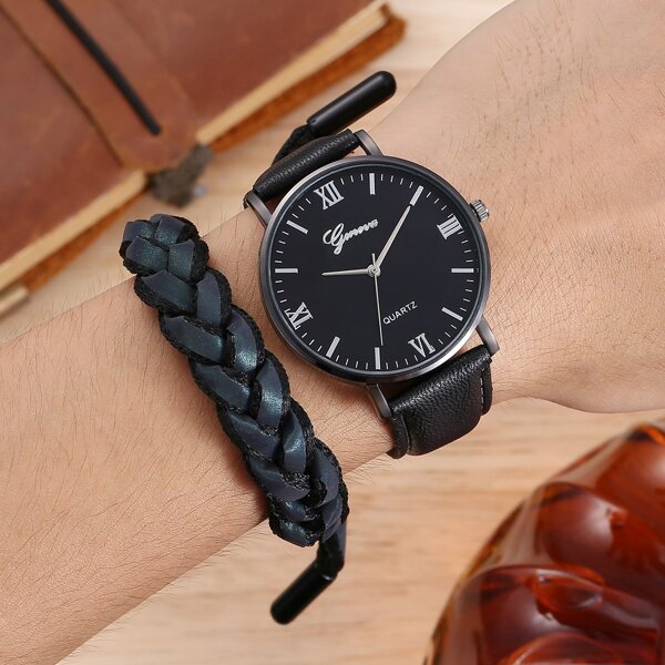 

1pc Men Round Pointer Quartz Watch & 1pc Bracelet