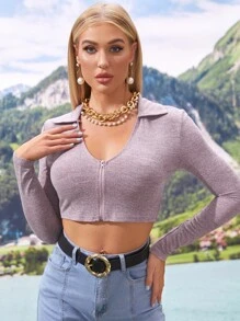 SHEIN Essnce Camiseta medio cremallera delgado corto - Morado - Ver 1