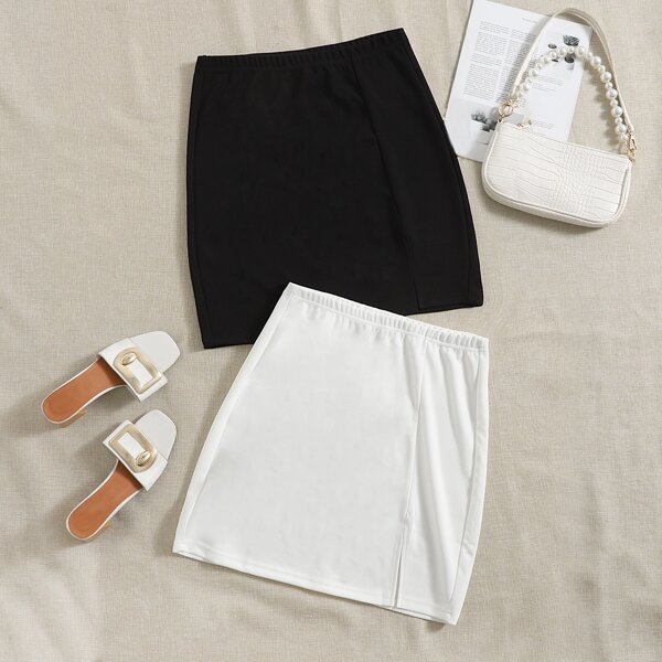 

Plus 2pcs Solid Bodycon Skirt, Black and white