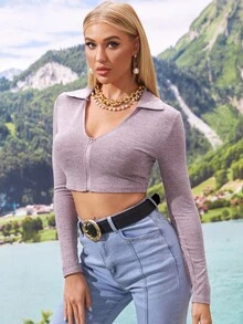 SHEIN Essnce Camiseta medio cremallera delgado corto - Morado - Ver 4