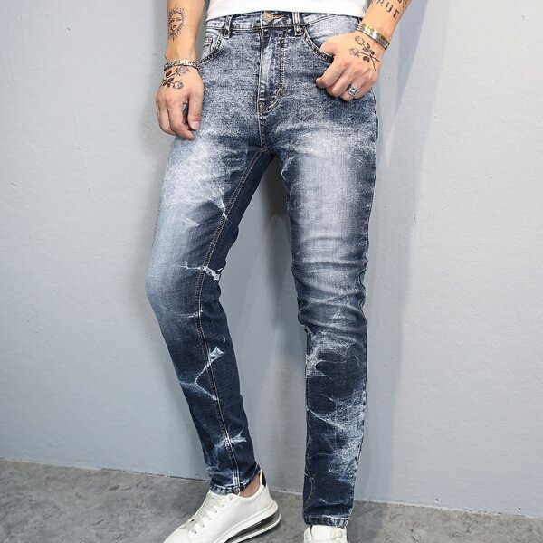 

Men Bleach Wash Slant Pocket Skinny Jeans, Dark wash