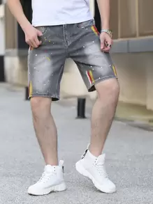 Manfinity EMRG 男士筆刷圖案潑墨斜口袋貓牛仔短褲