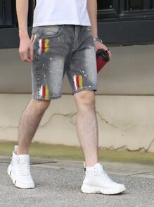 Manfinity EMRG 男士筆刷圖案潑墨斜口袋貓牛仔短褲