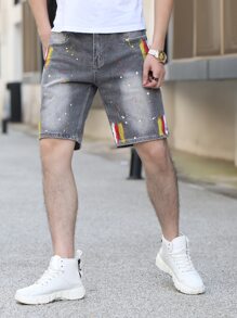 Manfinity EMRG 男士筆刷圖案潑墨斜口袋貓牛仔短褲