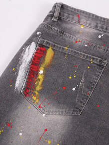 Manfinity EMRG 男士筆刷圖案潑墨斜口袋貓牛仔短褲