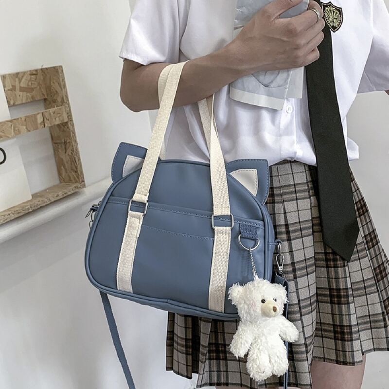 

Double Handle Novelty Bag With Cartoon Charm, Dusty blue