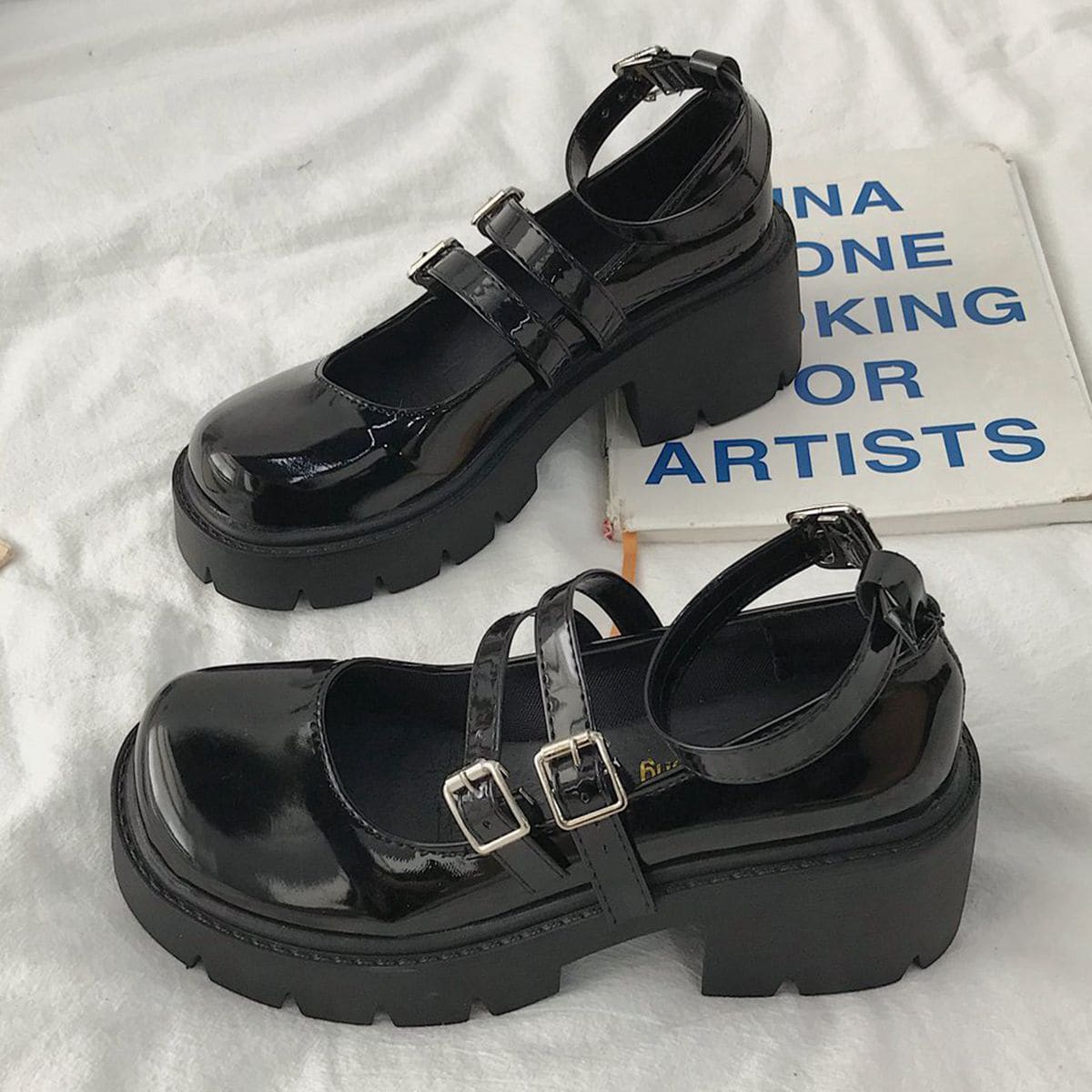 

Ankle Buckle Flatform Mary Janes, Black