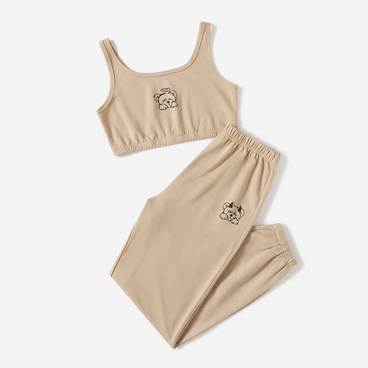 

Cartoon Bear Graphic Tank Top & Sweatpants, Khaki
