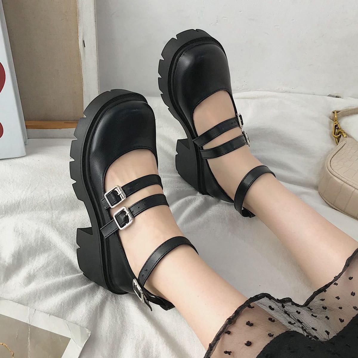 

Ankle Buckle Flatform Mary Janes, Black