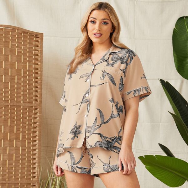 

Plus Leaf Print Button Up Contrast Binding PJ Set, Multicolor