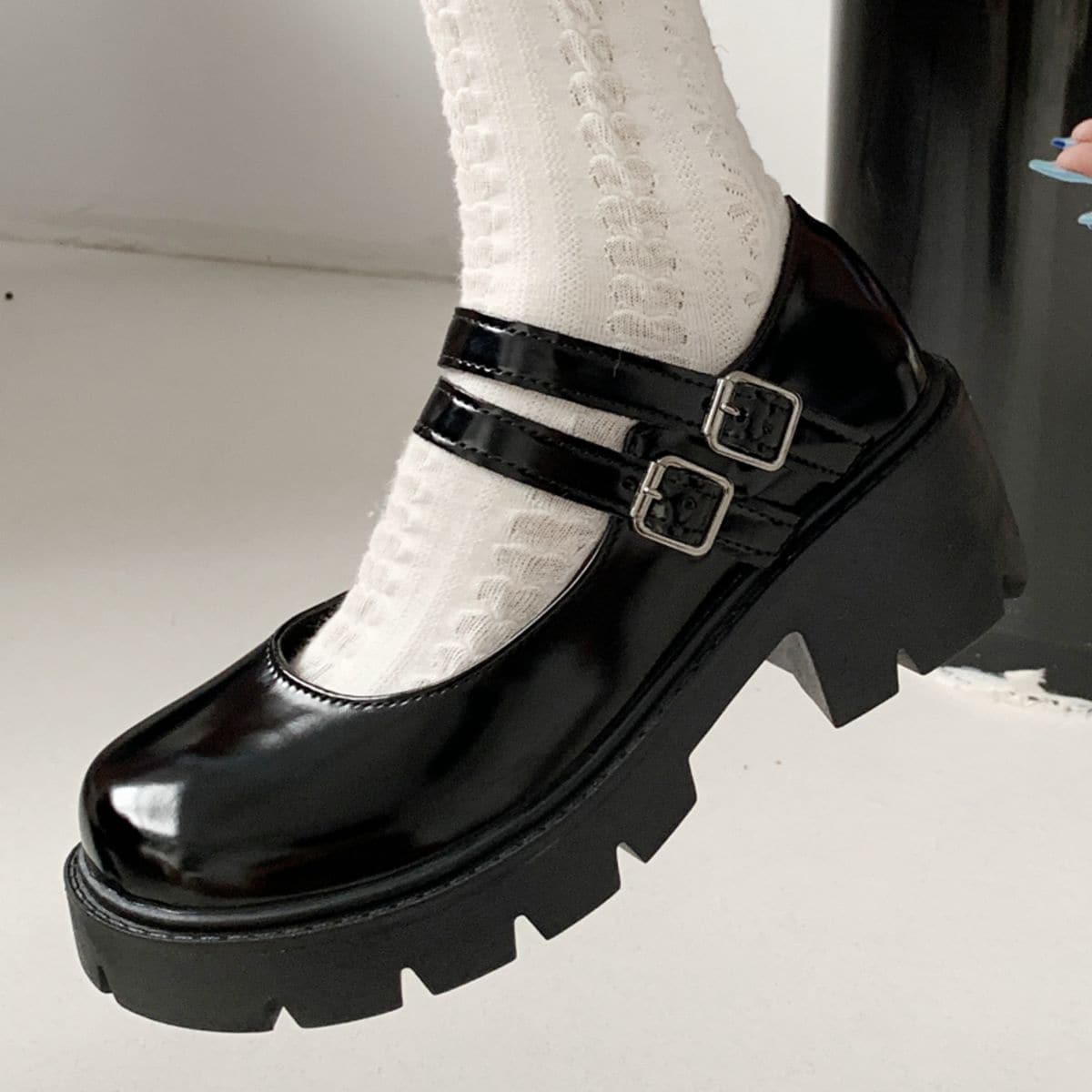 

Buckle Decor Wedge Mary Janes, Black
