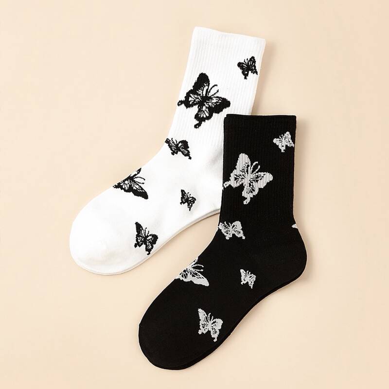 

2pairs Butterfly Graphic Crew Socks, Black and white