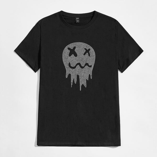 

Men Rhinestone Cartoon Face Print Tee, White