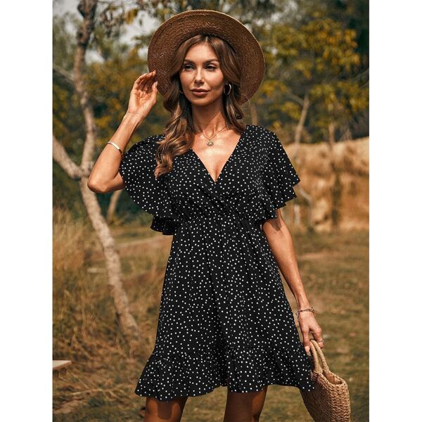 

Plunging Neck Ruffle Trim Polka Dot Dress, Black