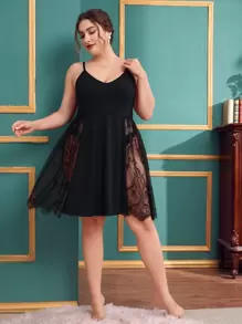 Plus Contrast Lace Cami Pajama Night Dress - Black - View 1