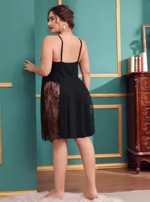 Plus Contrast Lace Cami Pajama Night Dress - Black - View 2