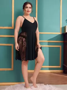 Plus Contrast Lace Cami Pajama Night Dress - Black - View 3