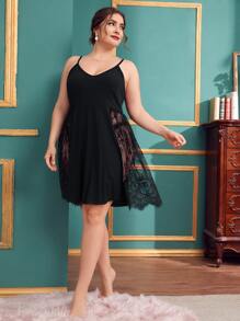 Plus Contrast Lace Cami Pajama Night Dress - Black - View 4