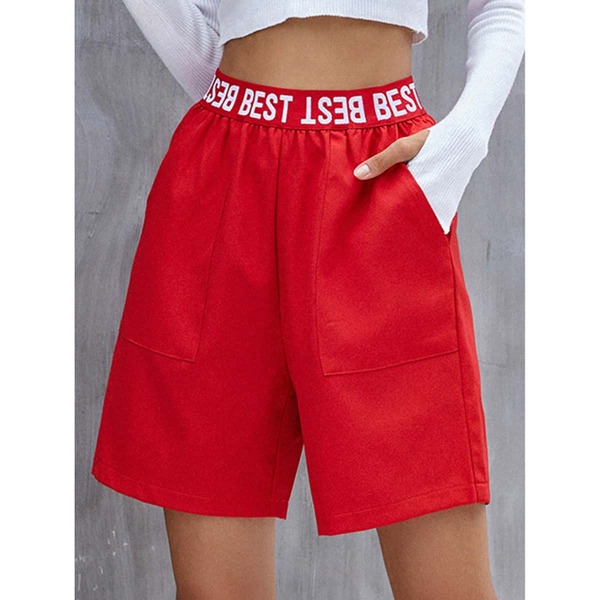 

Letter Graphic Elastic Waist Shorts, Red