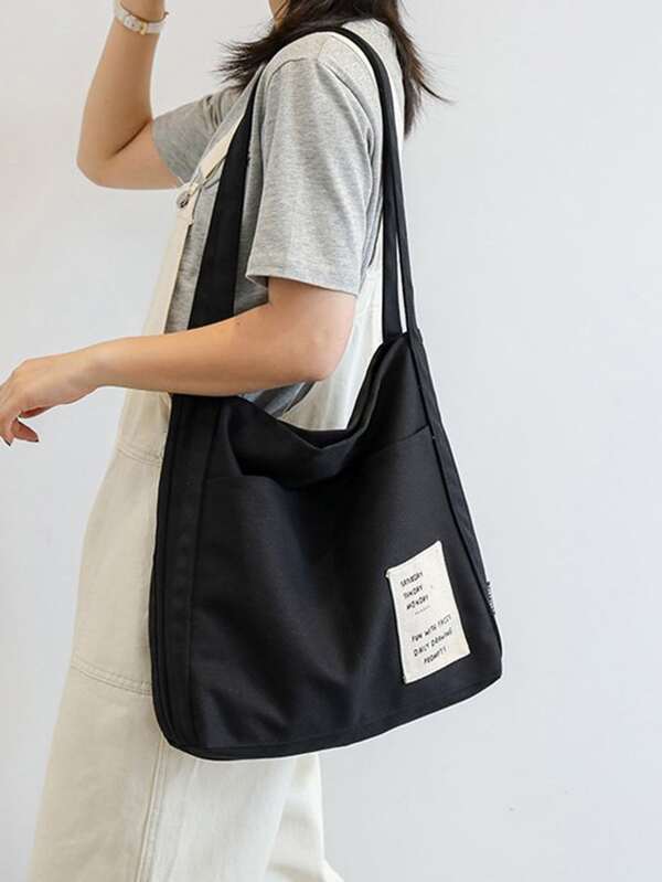 Patch Decor Shoulder Tote Bag School Bag For Graduate, Teen Girls