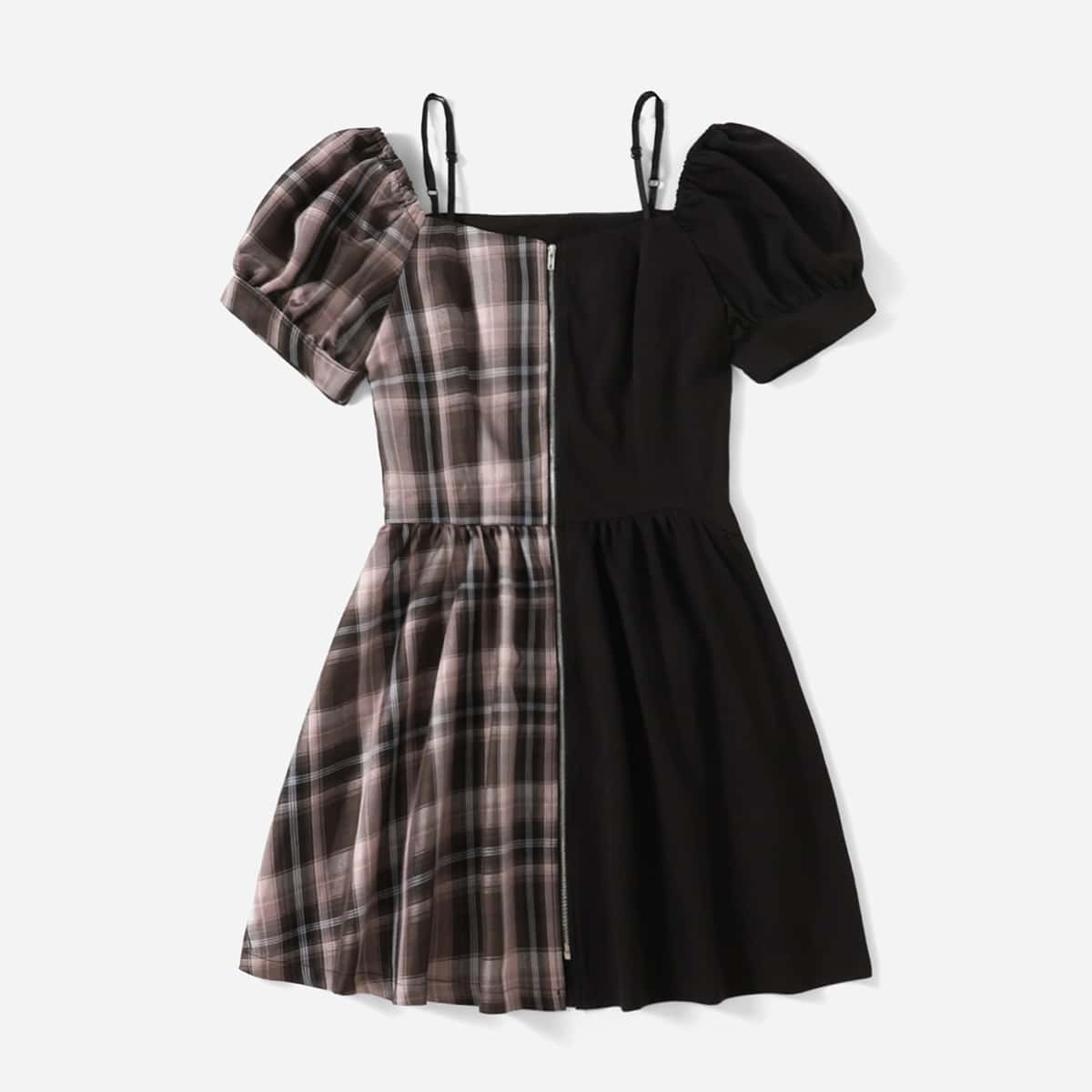 

Contrast Plaid Puff Sleeve Dress, Multicolor