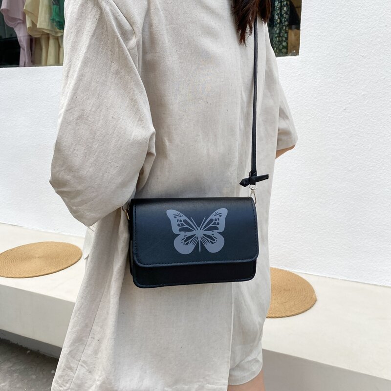 

Butterfly Print Flap Crossbody Bag, Black
