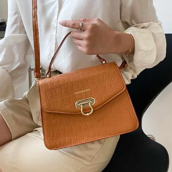 

Croc Embossed Flap Satchel Bag, Brown