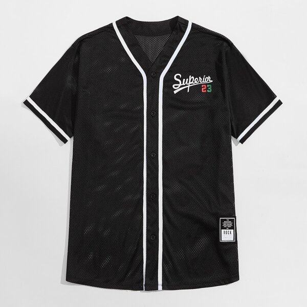 

Men Letter Graphic Contrast Seam Patch Detail Mesh Shirt, Black