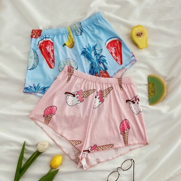 

2pcs Fruit And Cartoon Graphic Sleep Shorts, Multicolor