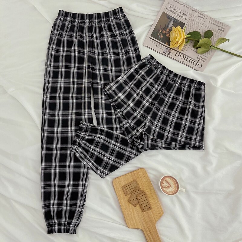 

2pcs Plaid Print Sleep Shorts & Pants, Black and white