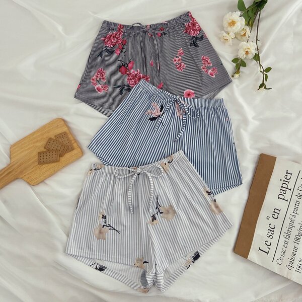 

3pcs Floral & Striped Print Drawstring Waist Sleep Shorts, Multicolor
