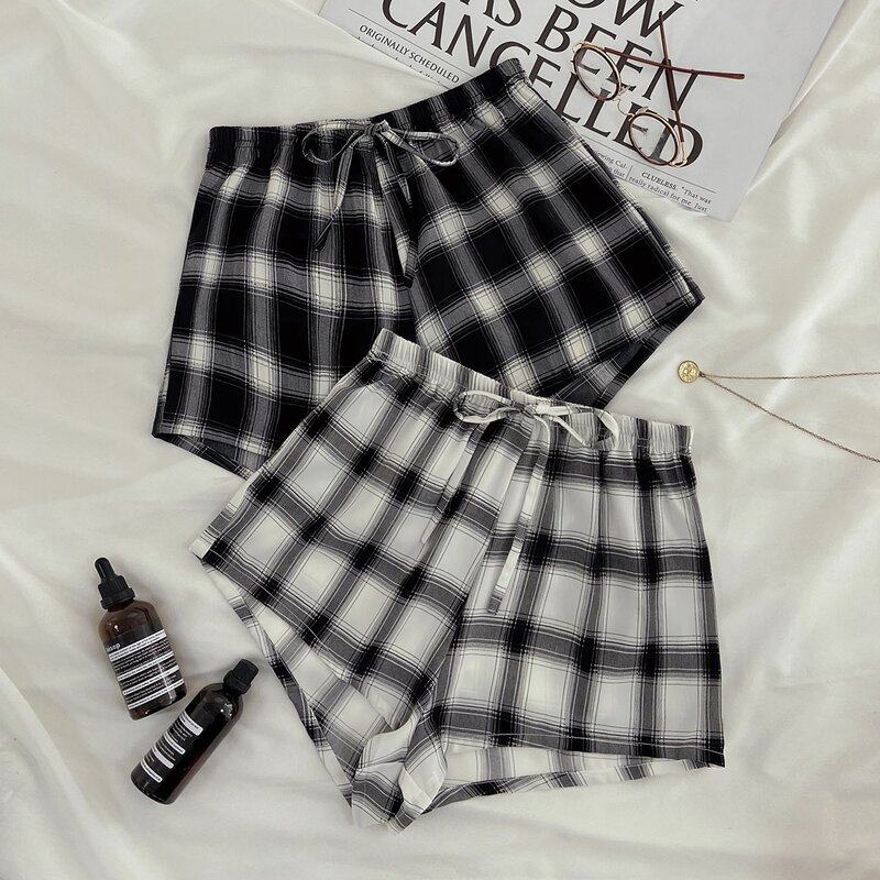 

2pcs Plaid Knot Front Sleep Shorts, Multicolor